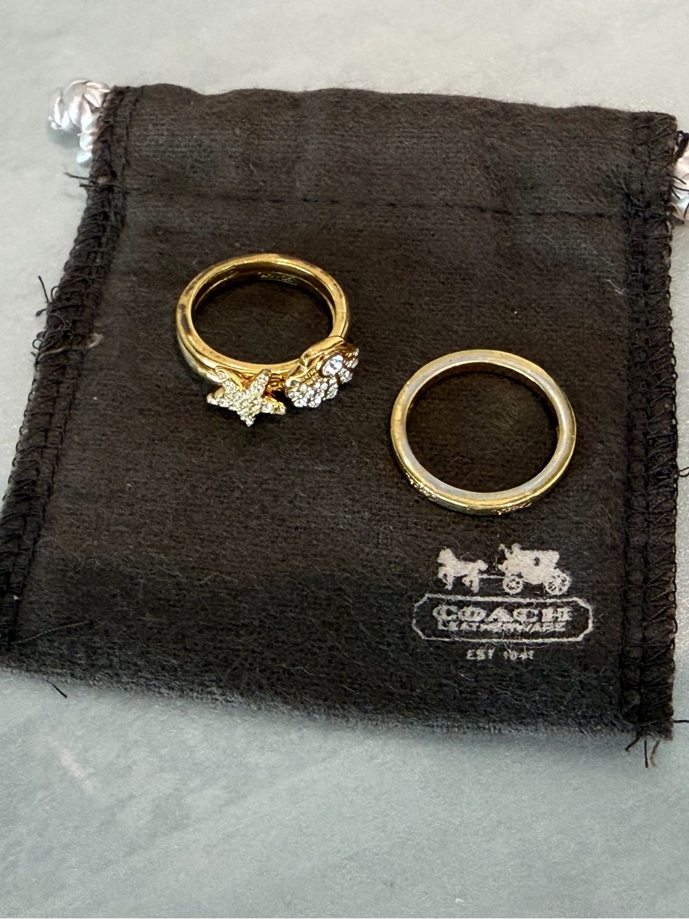 Pretty Coach Goldtone Crystal Stacking Ring, Set of 3: Shell, Star, Logo, w/Bag